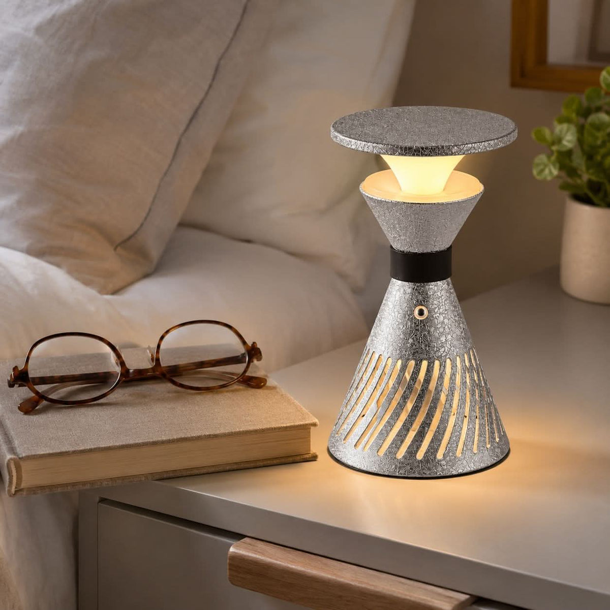 retro funnel cordless table lamp with close-up shade and base details