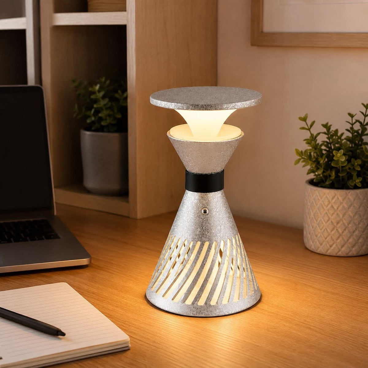 retro funnel cordless table lamp glowing on a bedside table