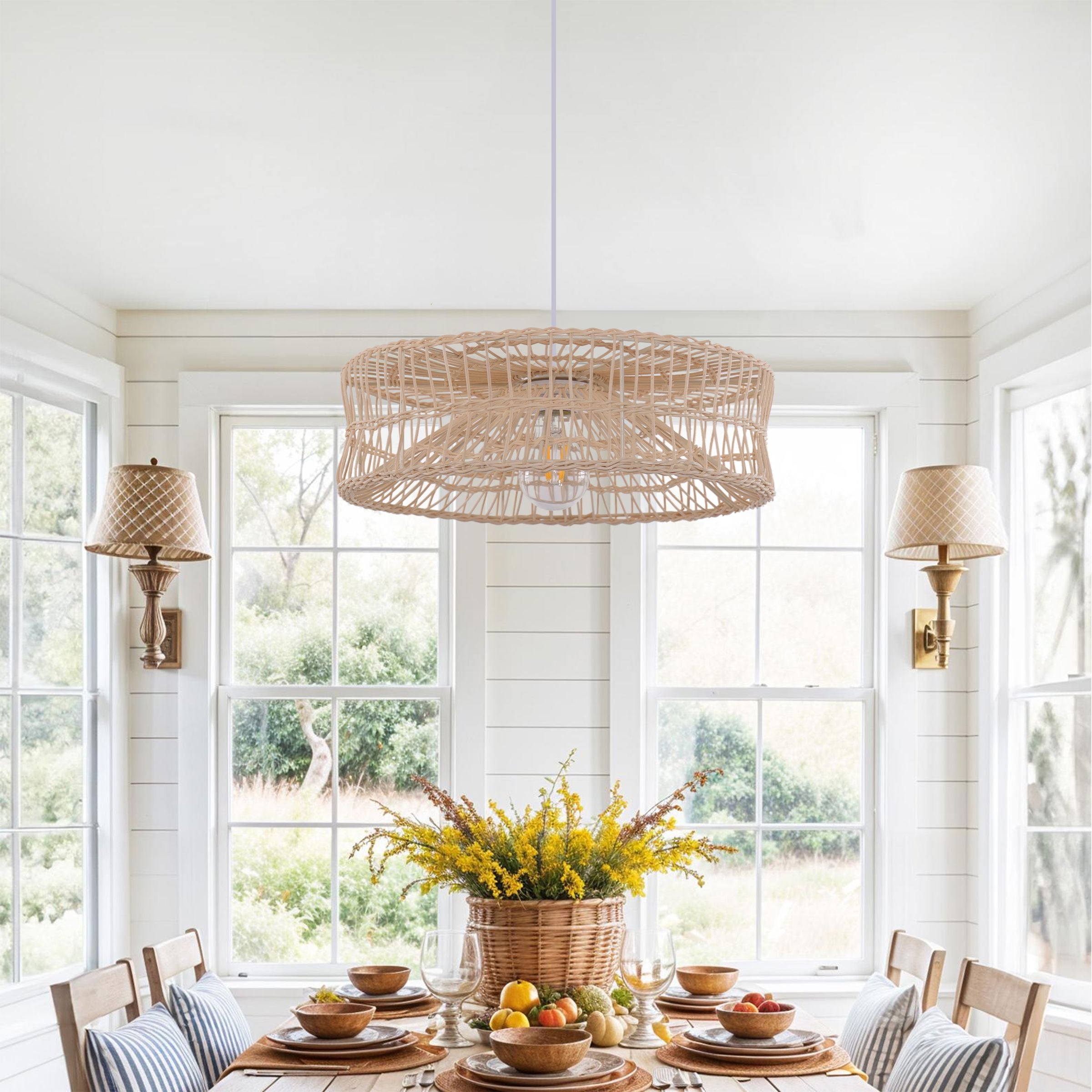 Lightsin Shallow Rattan Pendant Light for Kitchen Island Dining Area or Reading Corner Lightsin UK 