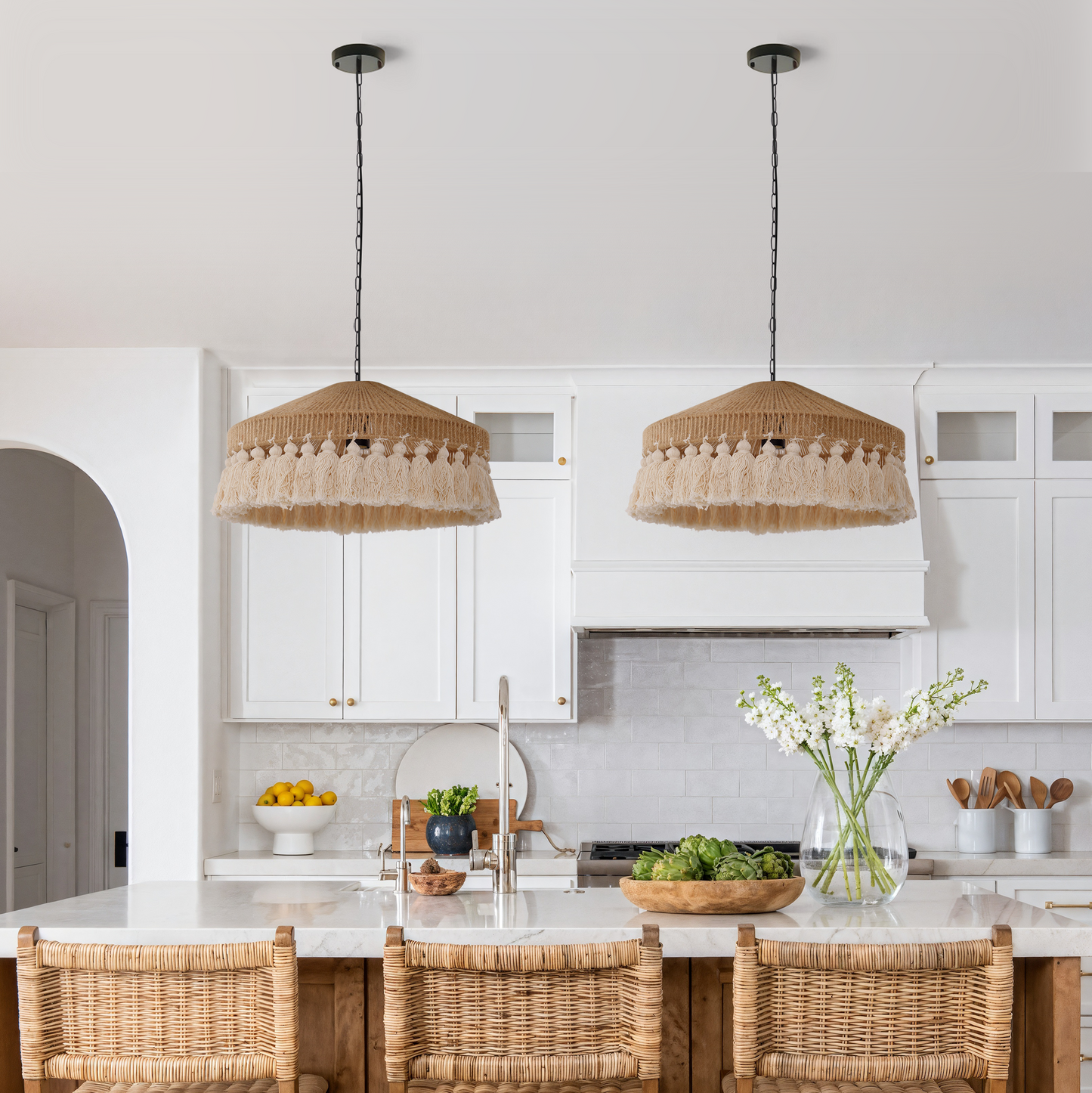 Boho Woven Pendant Light with Tassels, Handcrafted Hemp Rope Hanging Ceiling Light for Dining Room & Living Room