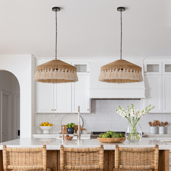 Boho Woven Pendant Light with Tassels, Handcrafted Hemp Rope Hanging Ceiling Light for Dining Room & Living Room