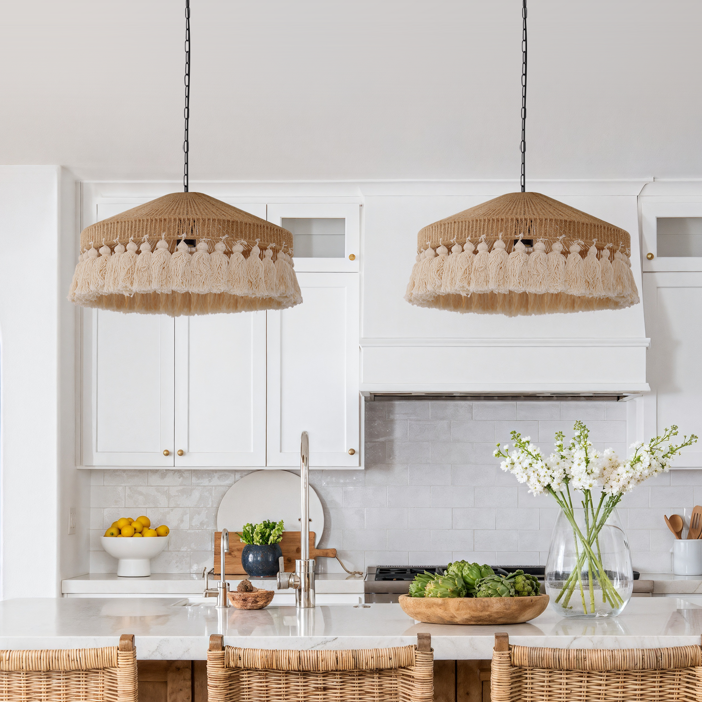 Boho Woven Pendant Light with Tassels, Handcrafted Hemp Rope Hanging Ceiling Light for Dining Room & Living Room