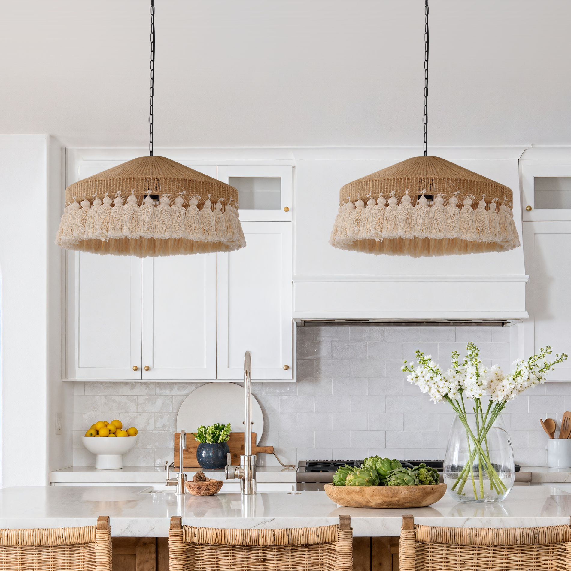 Boho Woven Pendant Light with Tassels, Handcrafted Hemp Rope Hanging Ceiling Light for Dining Room & Living Room