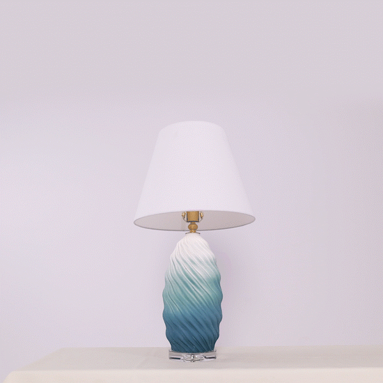 3D Blue Green White Gradient Threaded Ceramic Table Lamp with Fabric Shade