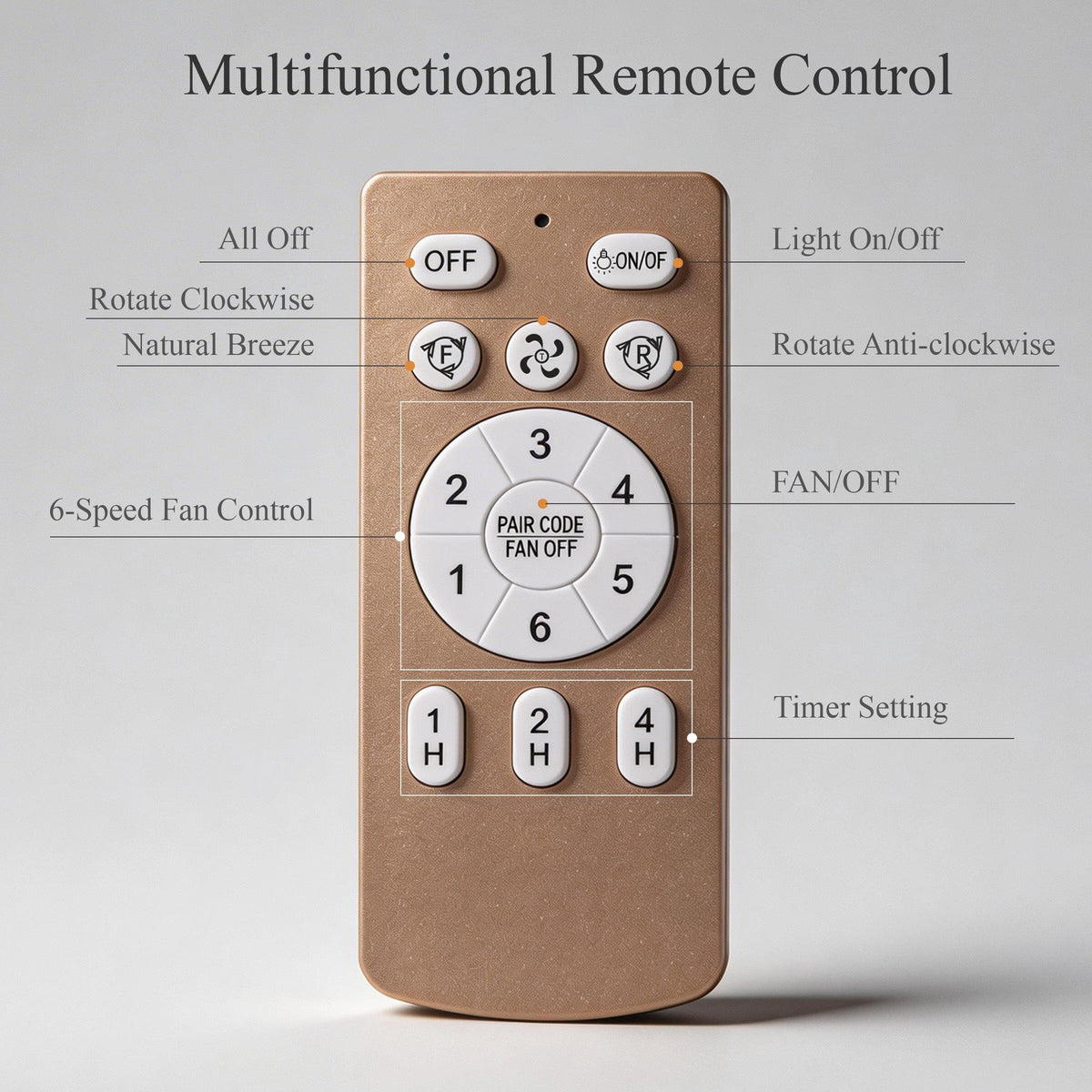 Remote control for gold crystal fan light with speed, timer and light buttons
