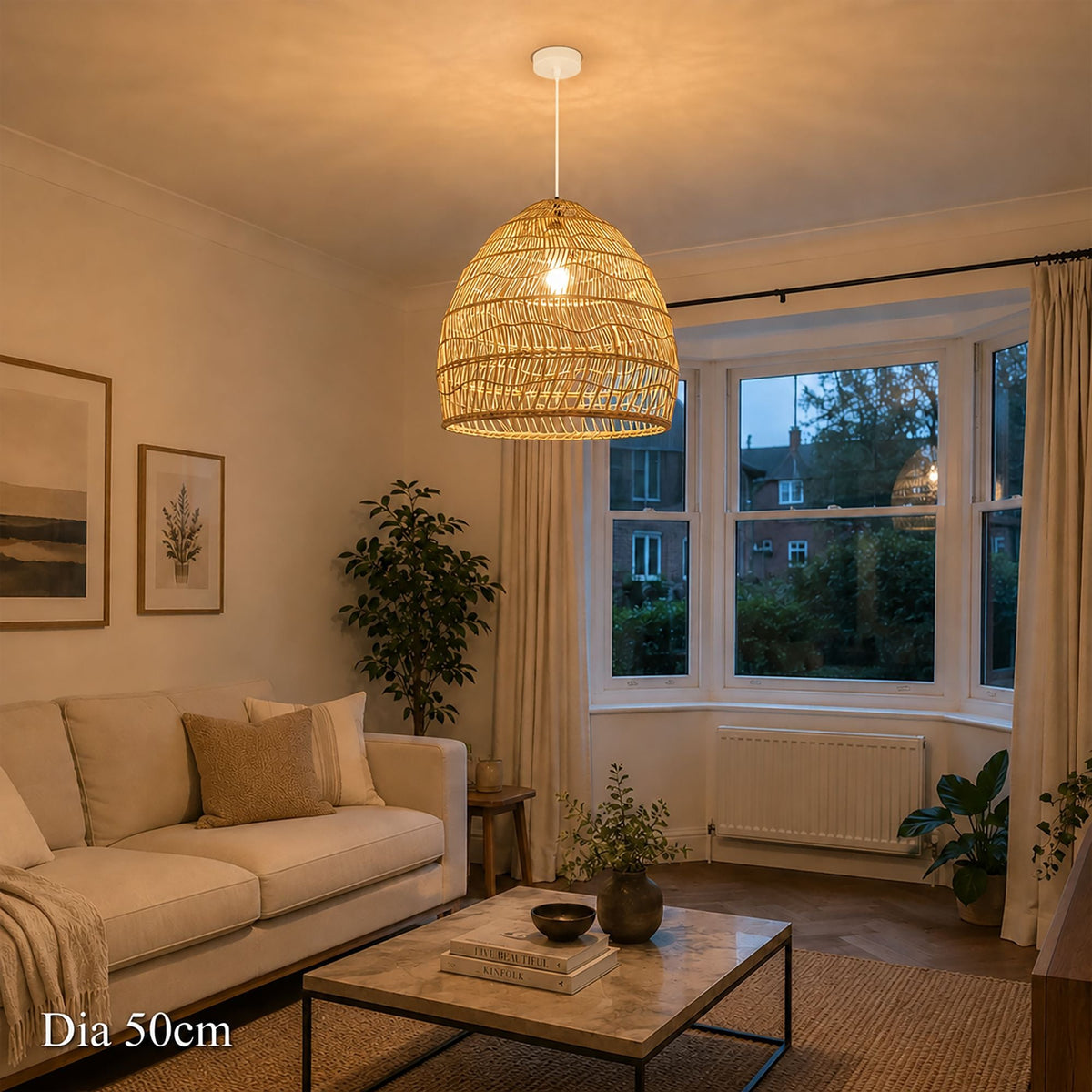 50cm rattan pendant light without inner sphere in a bright lounge