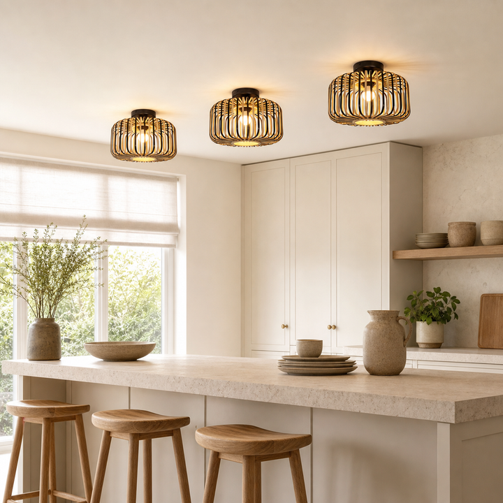 Black Modern Ceiling Light – Handwoven Bamboo Pendant Light for Living Room, Bedroom & Kitchen