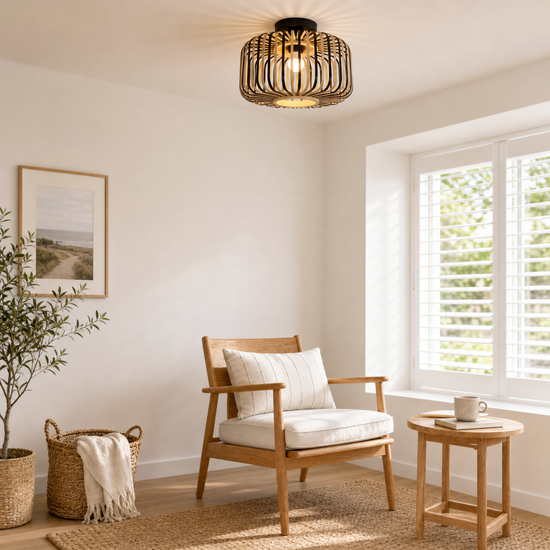 Black Modern Ceiling Light – Handwoven Bamboo Pendant Light for Living Room, Bedroom & Kitchen