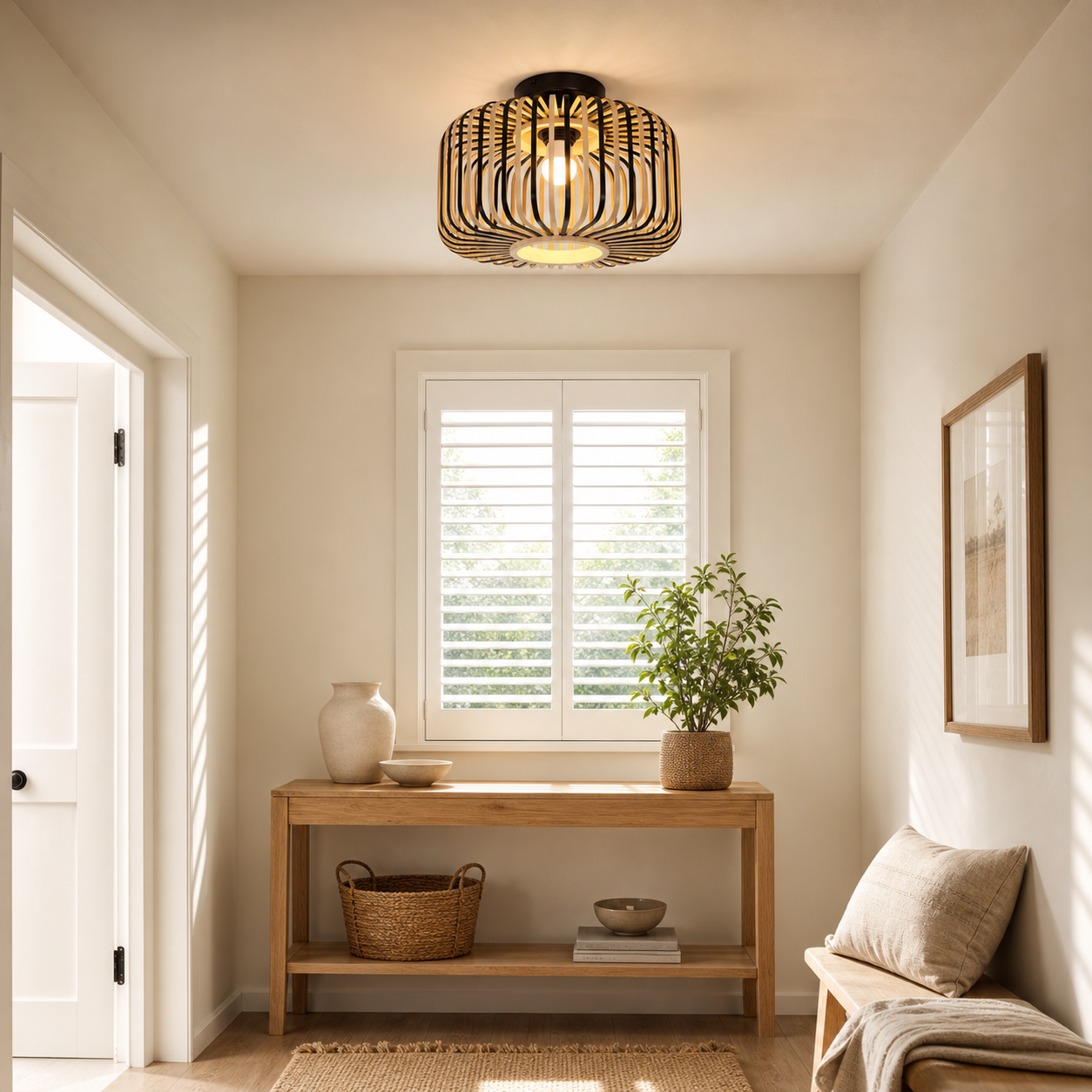 Black Modern Ceiling Light – Handwoven Bamboo Pendant Light for Living Room, Bedroom & Kitchen