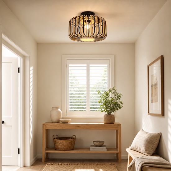 Black Modern Ceiling Light – Handwoven Bamboo Pendant Light for Living Room, Bedroom & Kitchen