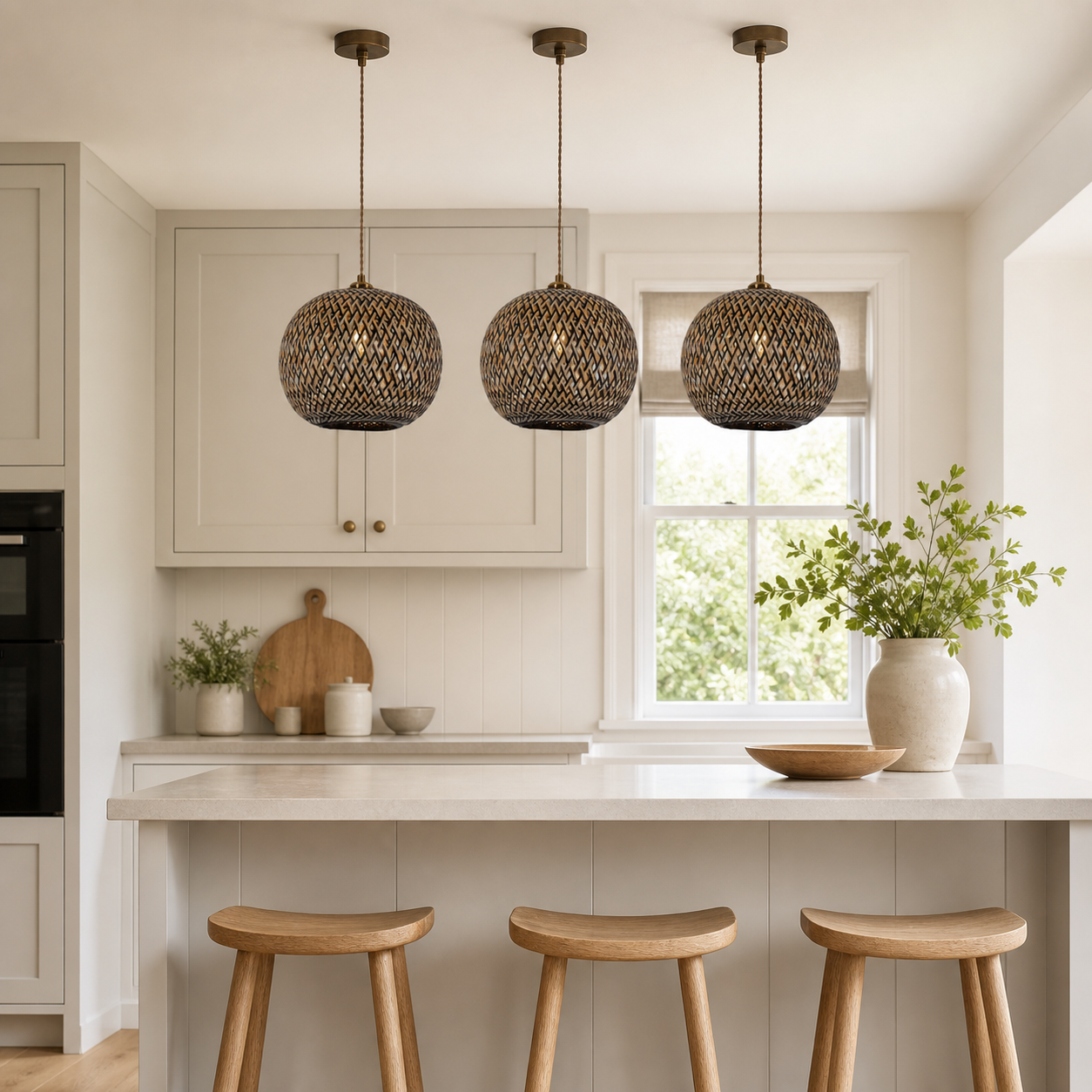 Modern Black and Natural Bamboo Handwoven Pendant Light