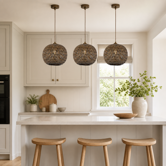 Modern Black and Natural Bamboo Handwoven Pendant Light