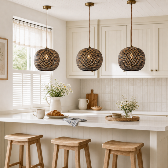 Modern Black and Natural Bamboo Handwoven Pendant Light