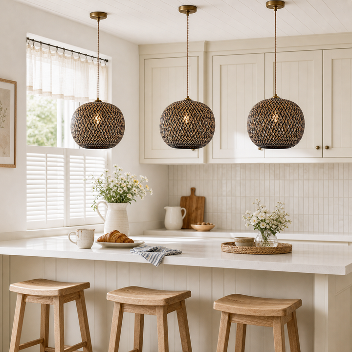 Modern Black and Natural Bamboo Handwoven Pendant Light