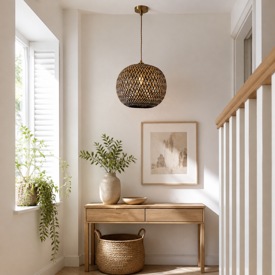 Modern Black and Natural Bamboo Handwoven Pendant Light