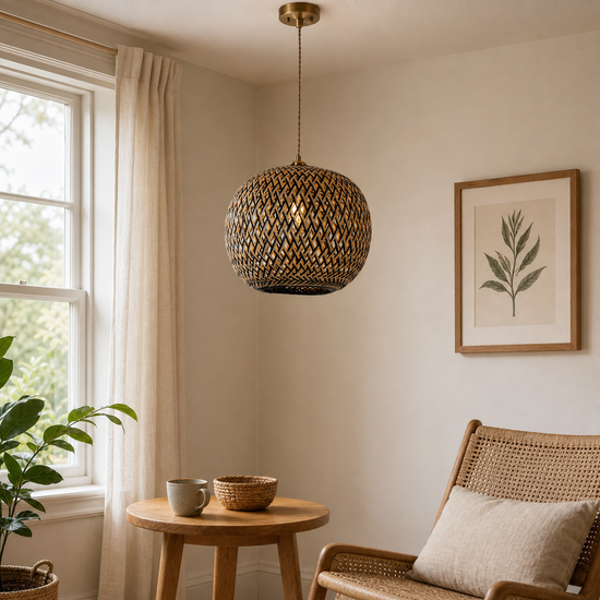 Modern Black and Natural Bamboo Handwoven Pendant Light
