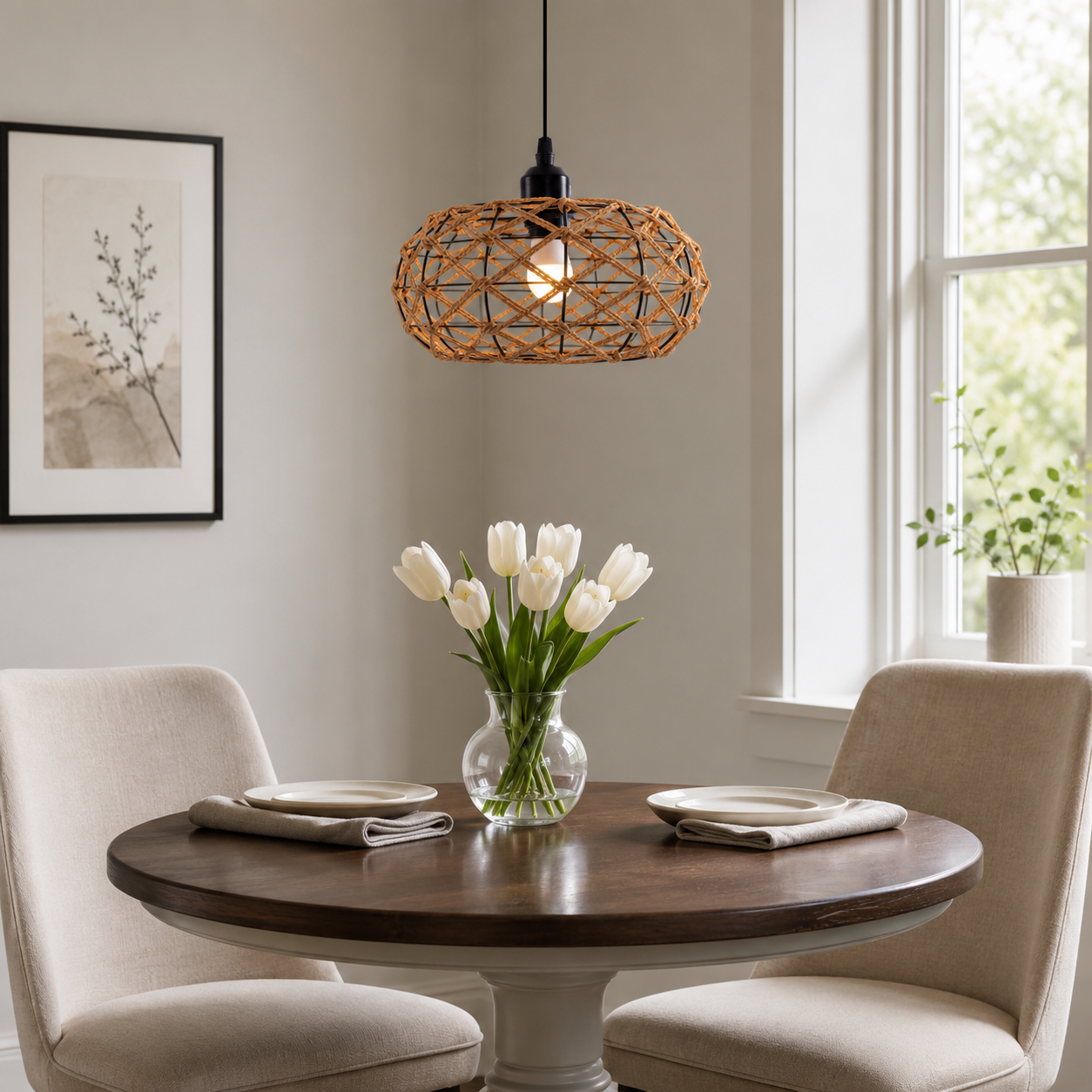 Glyph-Handwoven Paper Rope Pendant Light – Rustic Natural Ceiling Fixture for Bedroom, Dining & Living Rooms