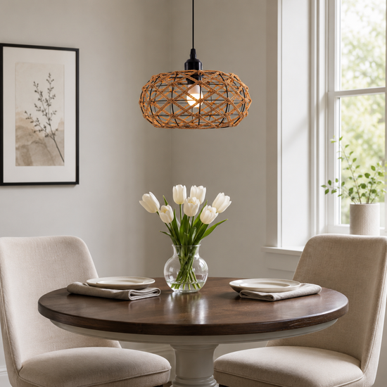 Glyph-Handwoven Paper Rope Pendant Light – Rustic Natural Ceiling Fixture for Bedroom, Dining & Living Rooms