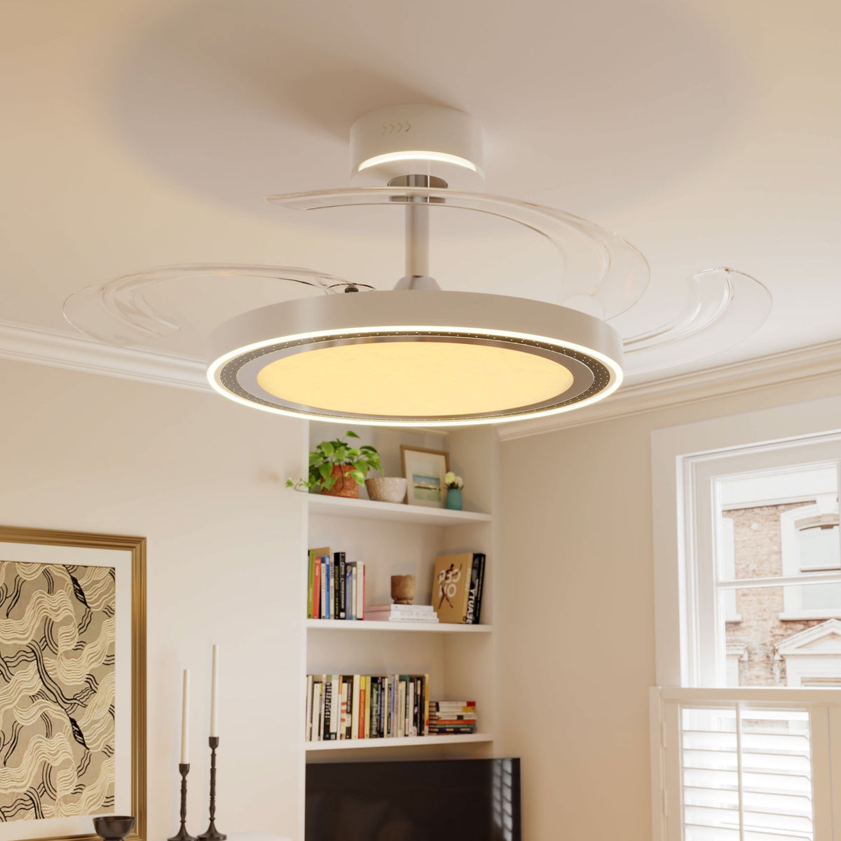 48 inch reversible ceiling fan with LED light installed in a living room
