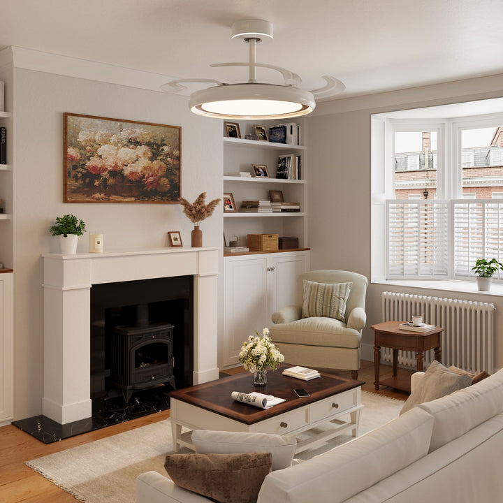 48 inch reversible ceiling fan with LED light cooling a bright bedroom