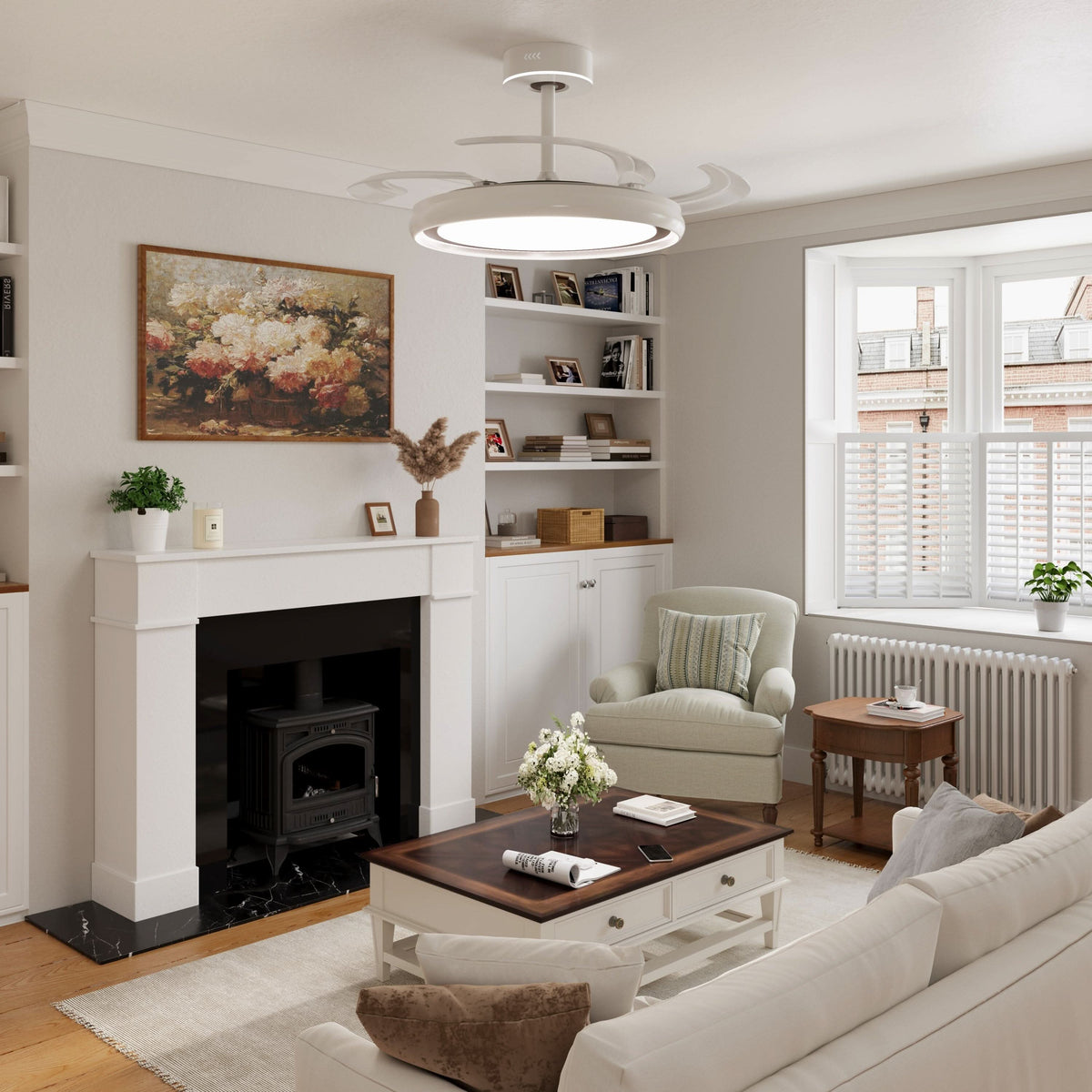 48 inch reversible ceiling fan with LED light with a compact motor and blade detail