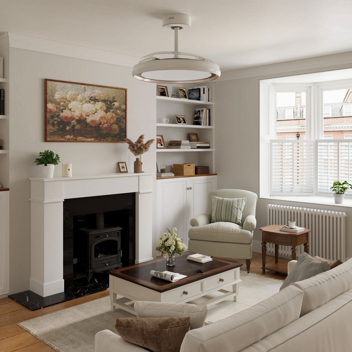 48 inch reversible ceiling fan with LED light with dimensions shown for installation