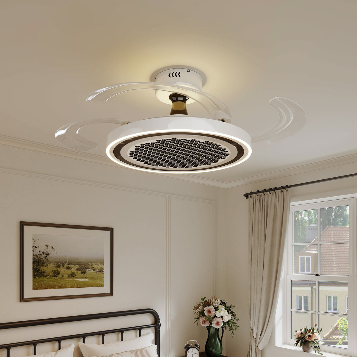 48 inch reversible ceiling fan with LED light installed in a living room