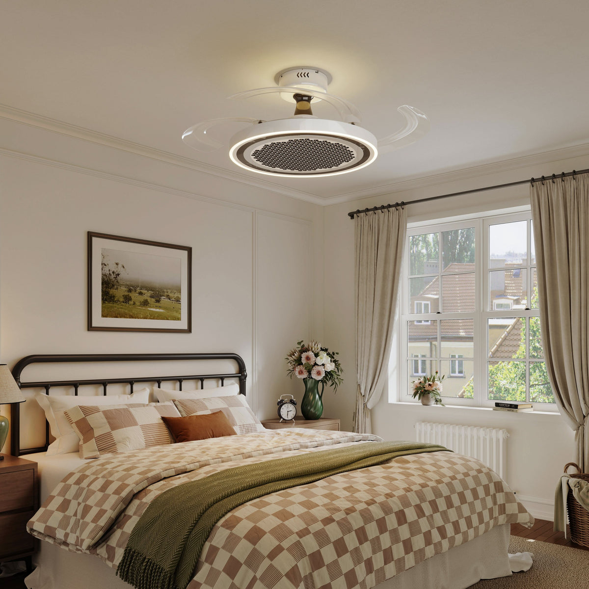 48 inch reversible ceiling fan with LED light cooling a bright bedroom