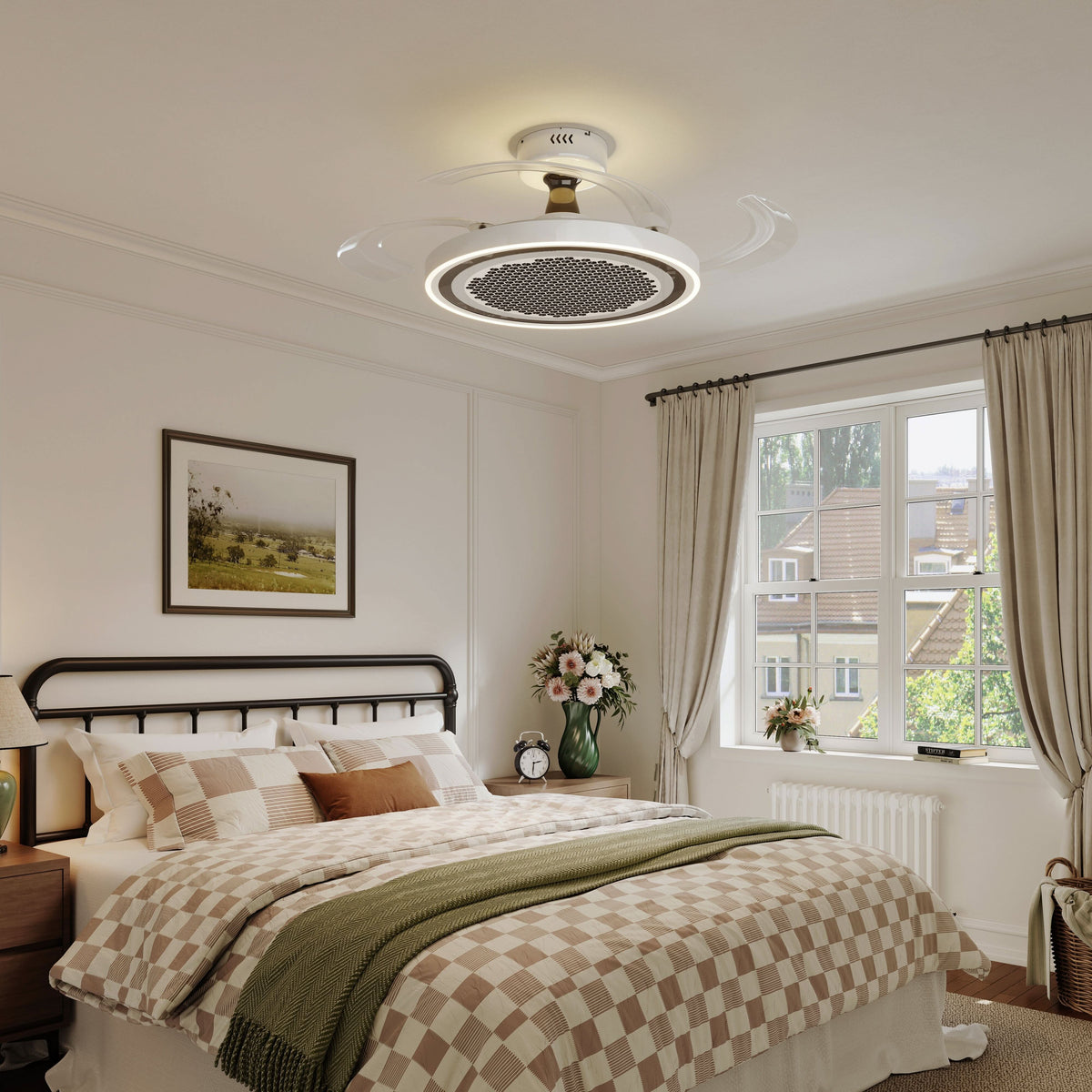 48 inch reversible ceiling fan with LED light shown from below with LED light on