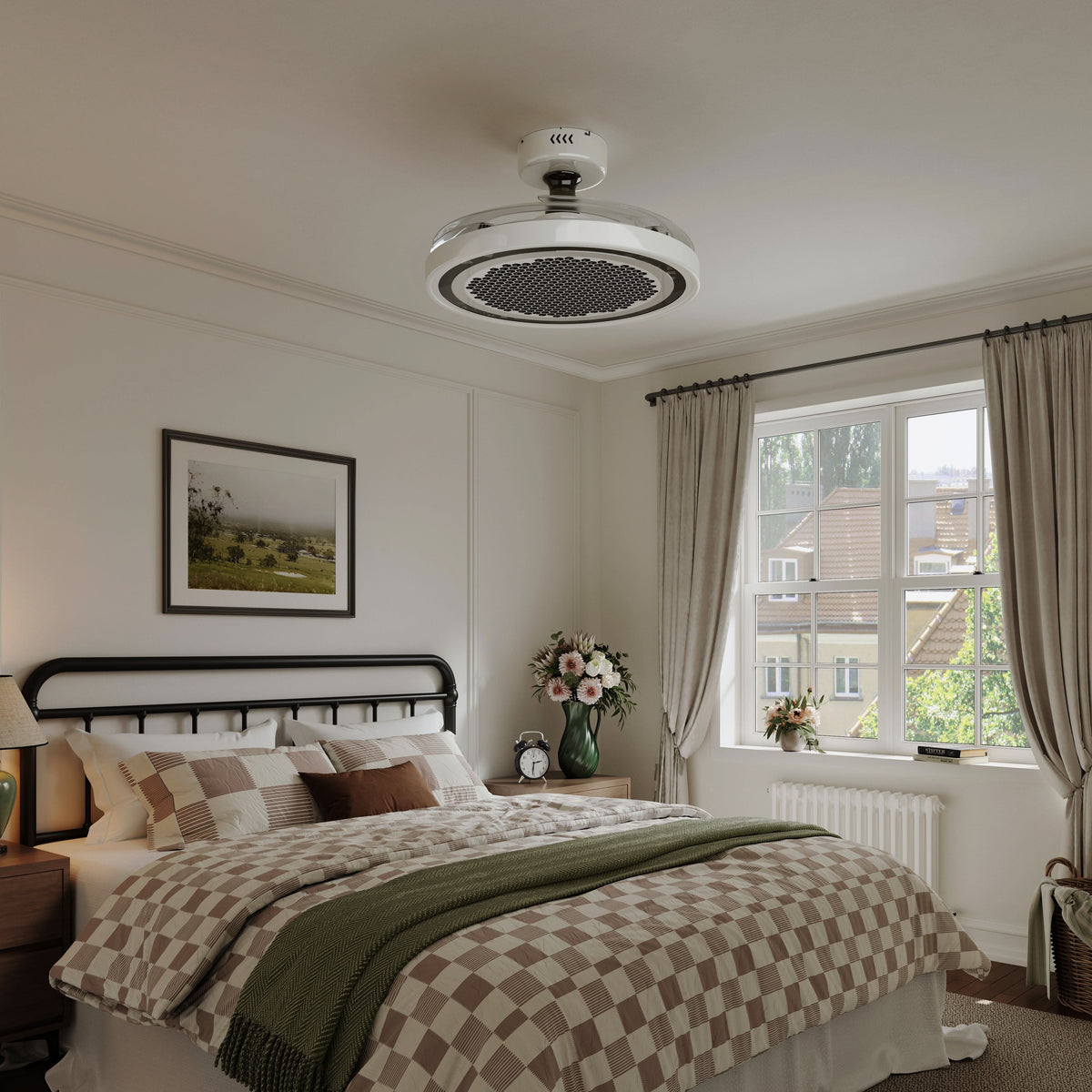 48 inch reversible ceiling fan with LED light with dimensions shown for installation