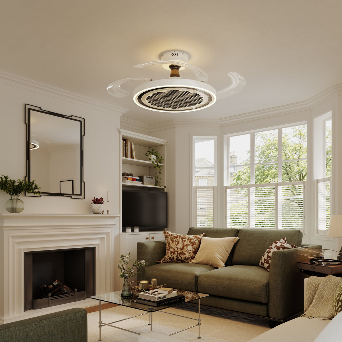48 inch reversible ceiling fan with LED light with dimensions shown for installation