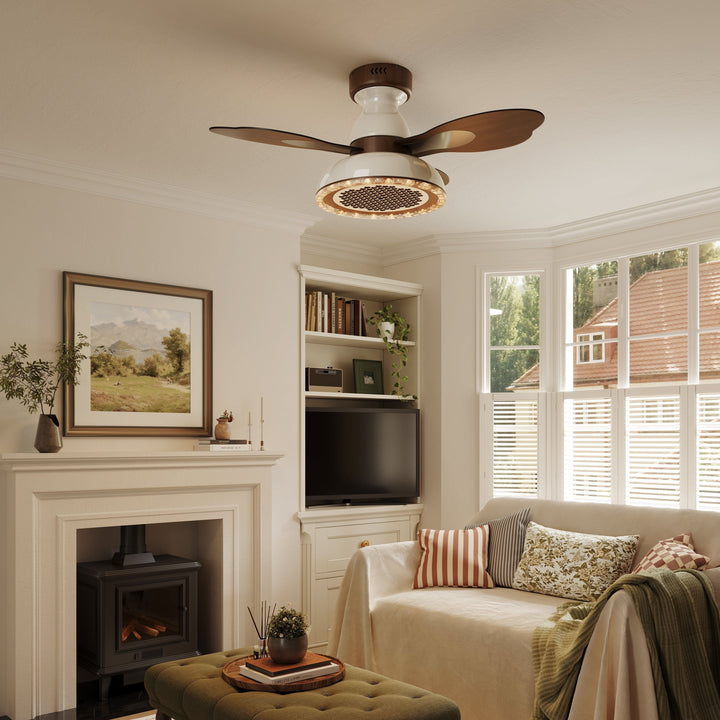36 inch reversible ceiling fan with LED light cooling a bright bedroom