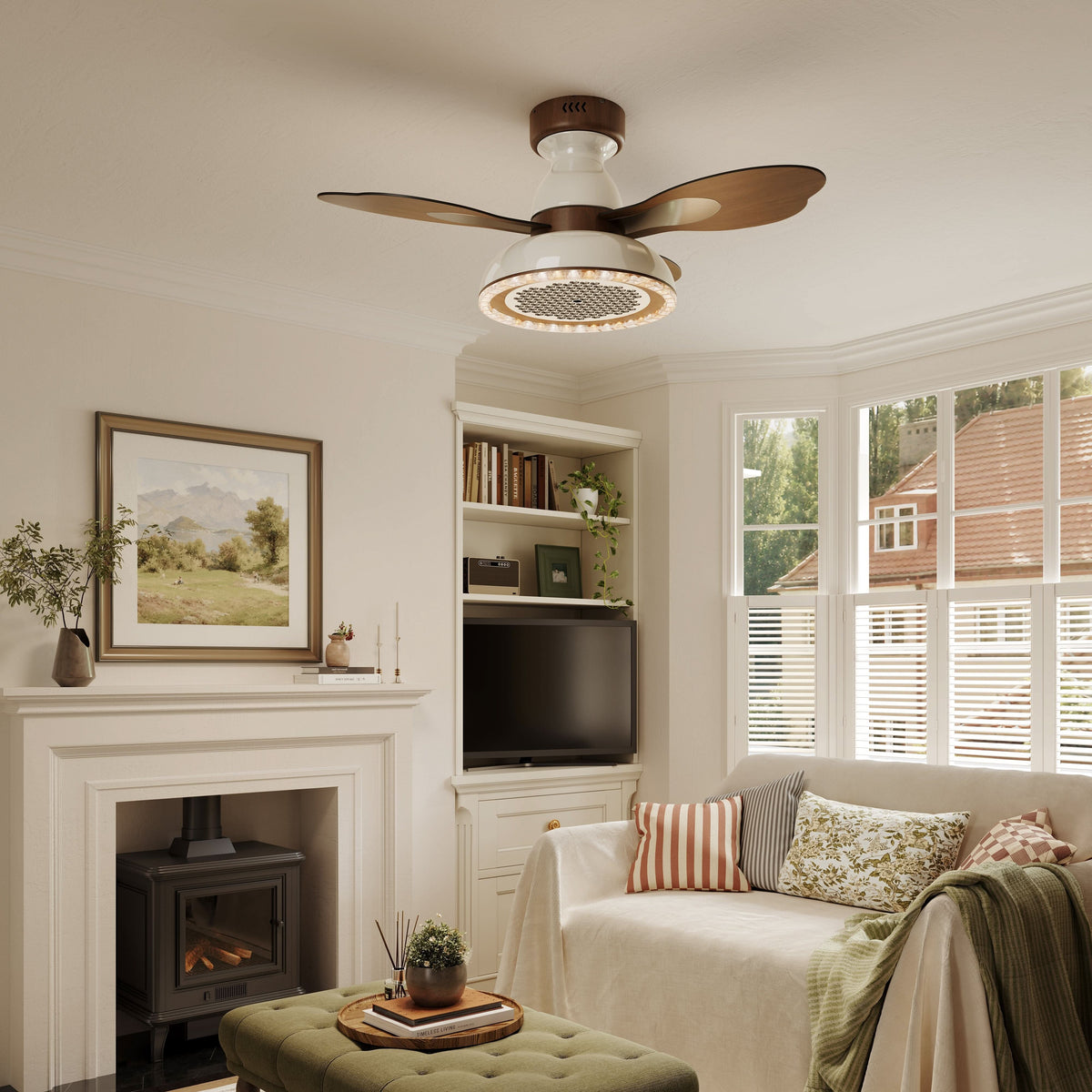 36 inch reversible ceiling fan with LED light shown from below with LED light on