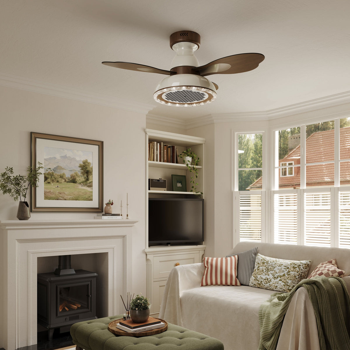 36 inch reversible ceiling fan with LED light with a compact motor and blade detail