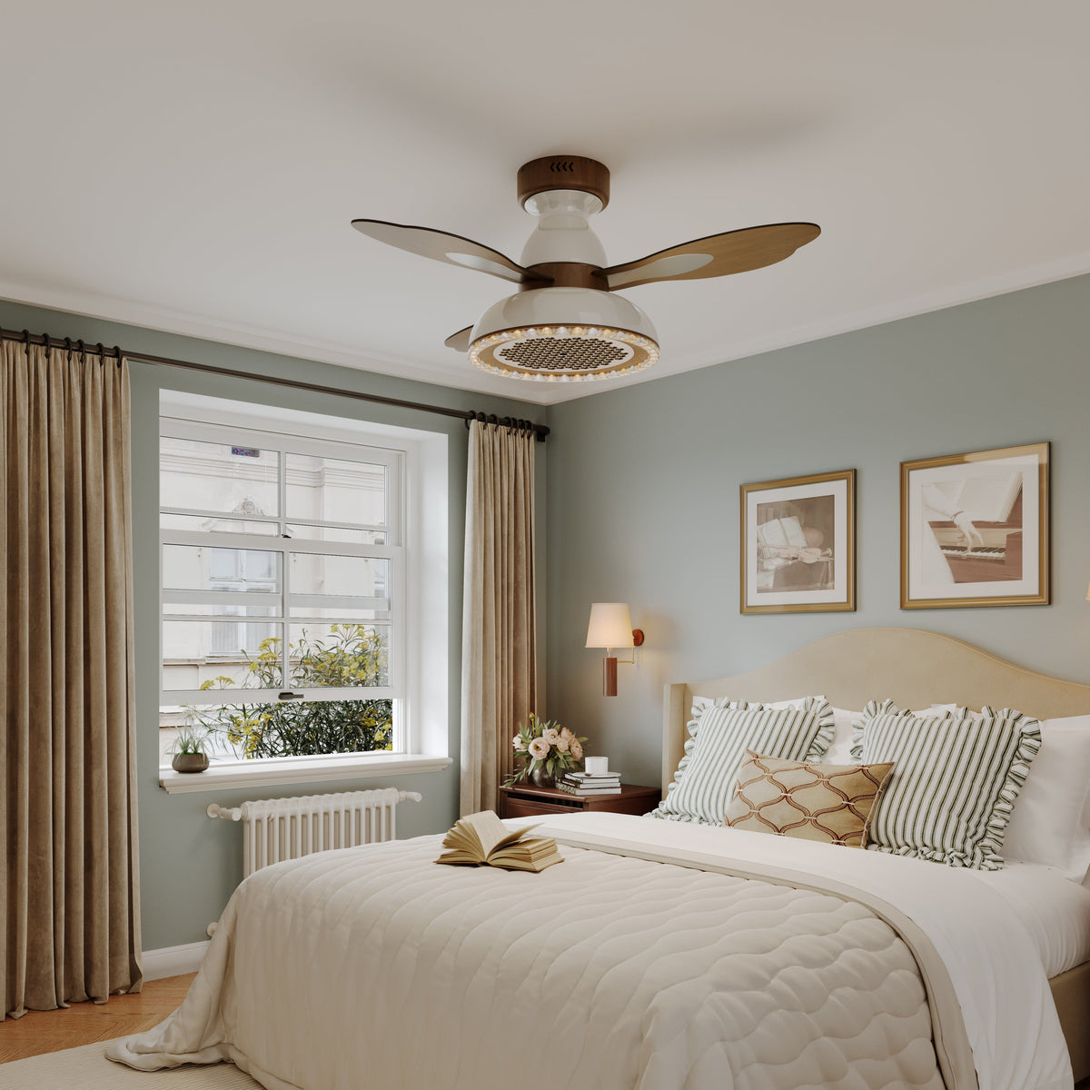 36 inch reversible ceiling fan with LED light with a compact motor and blade detail