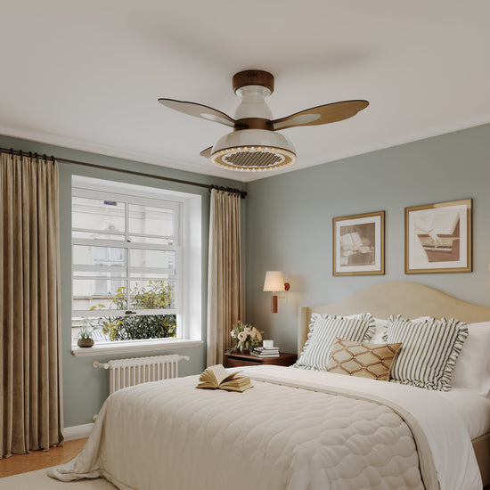 36 inch reversible ceiling fan with LED light with a compact motor and blade detail