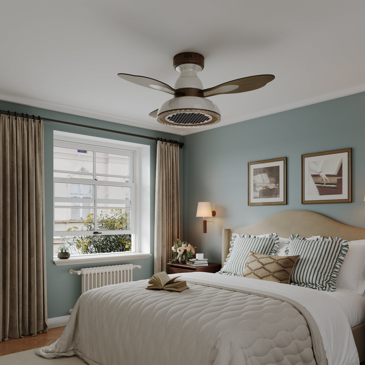 36 inch reversible ceiling fan with LED light in a neutral lounge setting