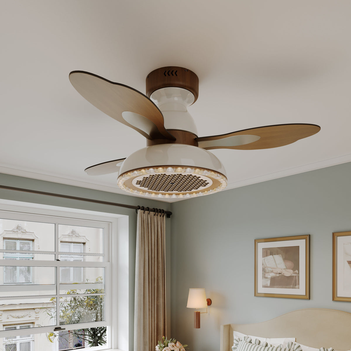 36 inch reversible ceiling fan with LED light shown from below with LED light on