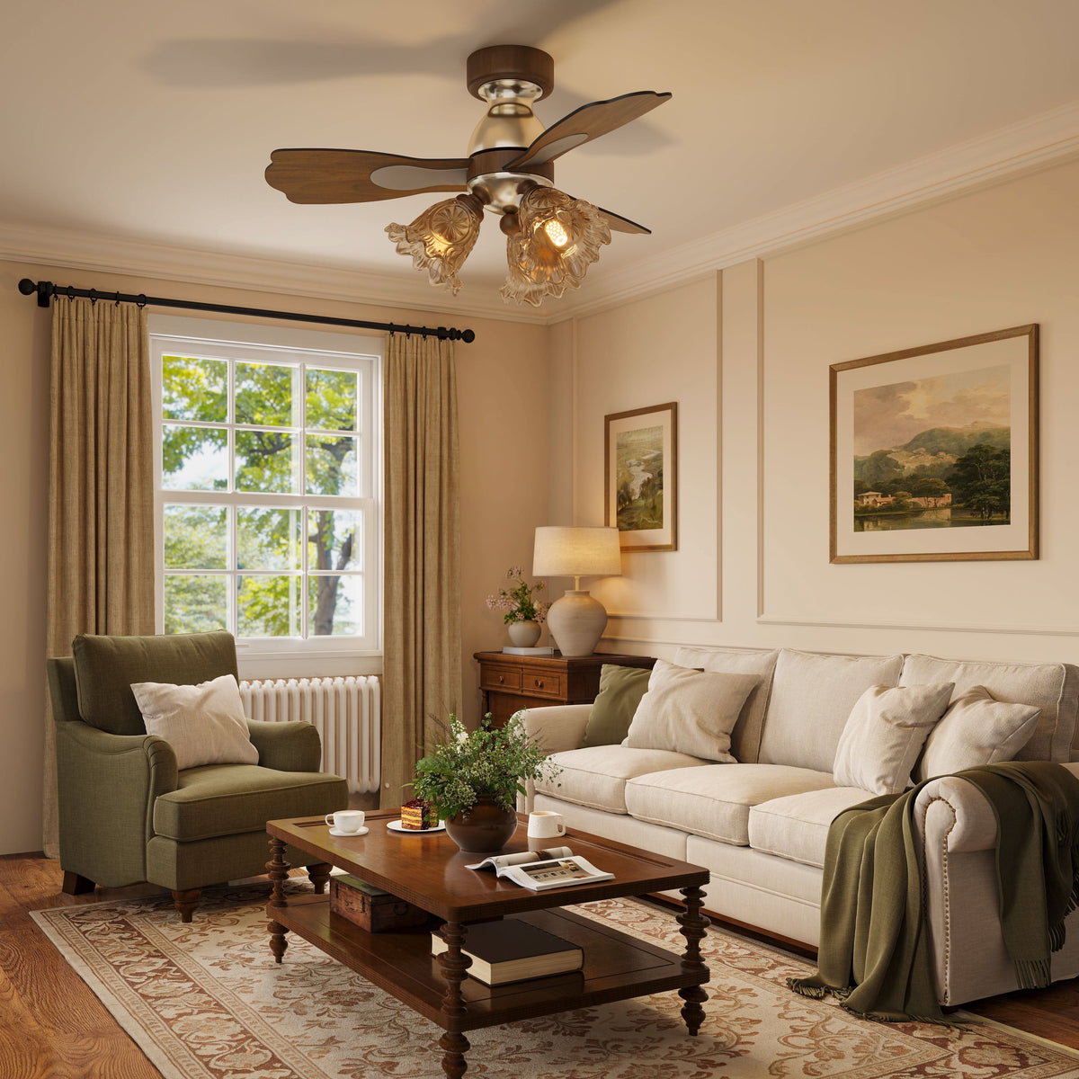 36 inch reversible ceiling fan with LED light cooling a bright bedroom