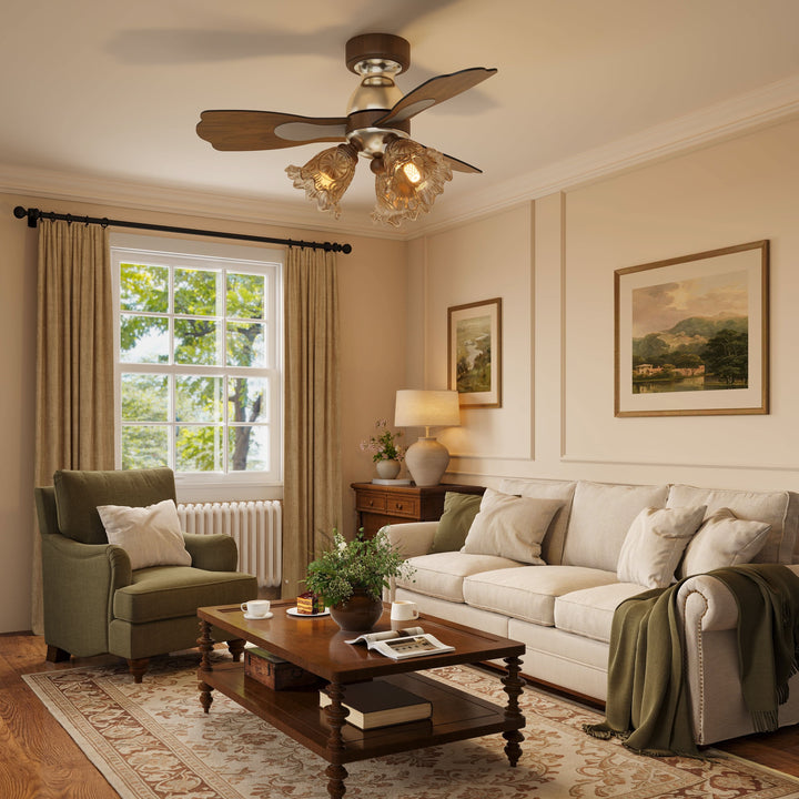 36 inch reversible ceiling fan with LED light cooling a bright bedroom