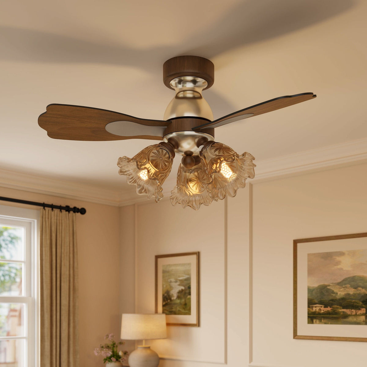 36 inch reversible ceiling fan with LED light installed in a living room