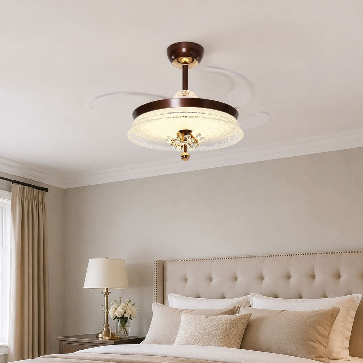 36 inch reversible ceiling fan with LED light highlighting the blade and light ring