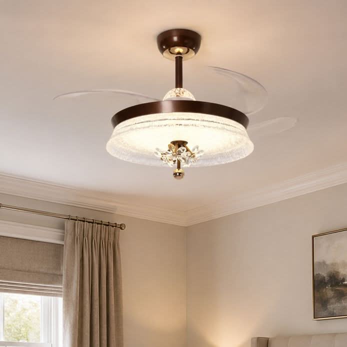 36 inch reversible ceiling fan with LED light with a compact motor and blade detail