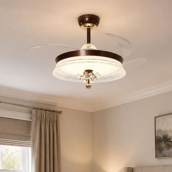 36 inch reversible ceiling fan with LED light with a compact motor and blade detail