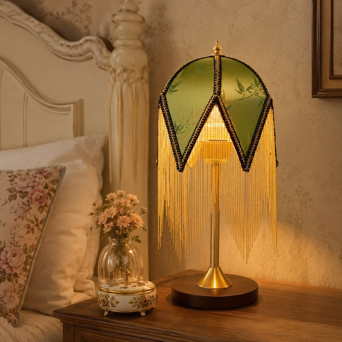 mid-century tassel table lamp adding warm light to a bedroom