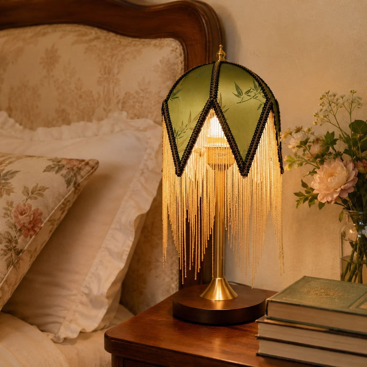 mid-century tassel table lamp on a desk with soft ambient light