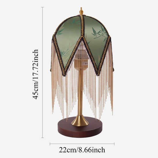mid-century tassel table lamp with close-up shade and base details