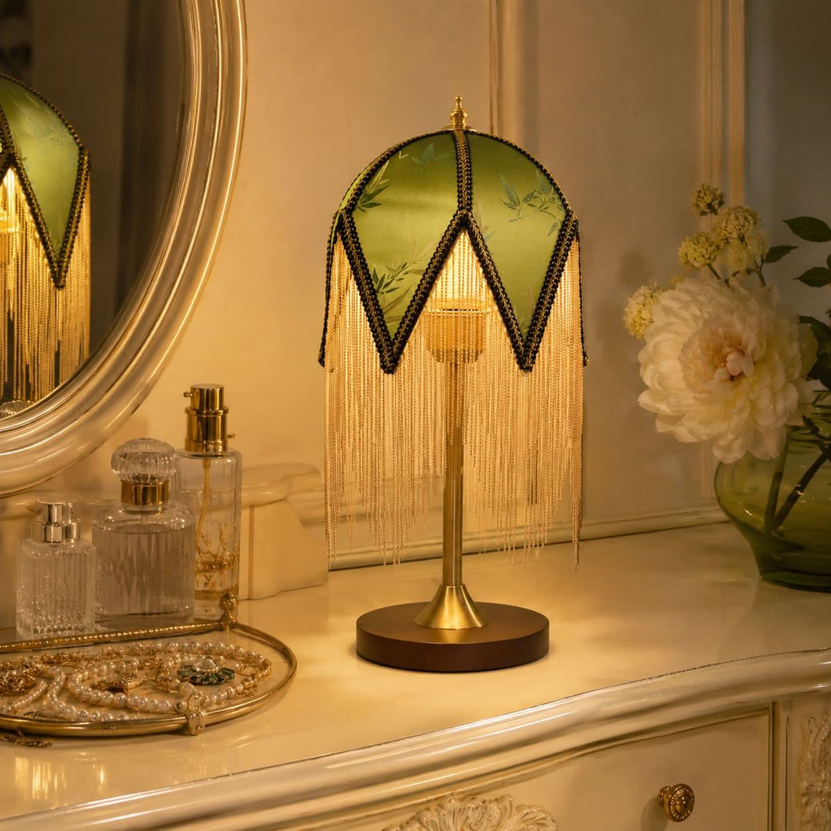 mid-century tassel table lamp shown as a clean product view