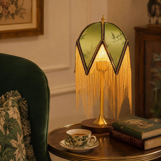 mid-century tassel table lamp with close-up shade and base details