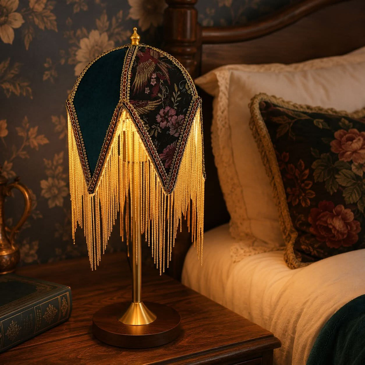 mid-century tassel table lamp beside books and evening decor
